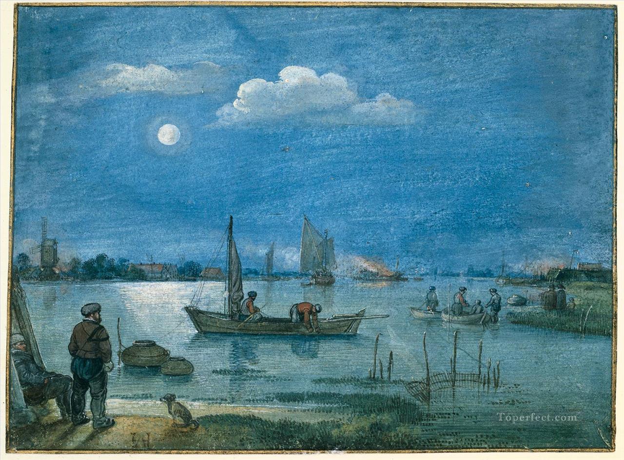 Pescadores a la luz de la luna paisaje invernal Hendrick Avercamp Pintura al óleo